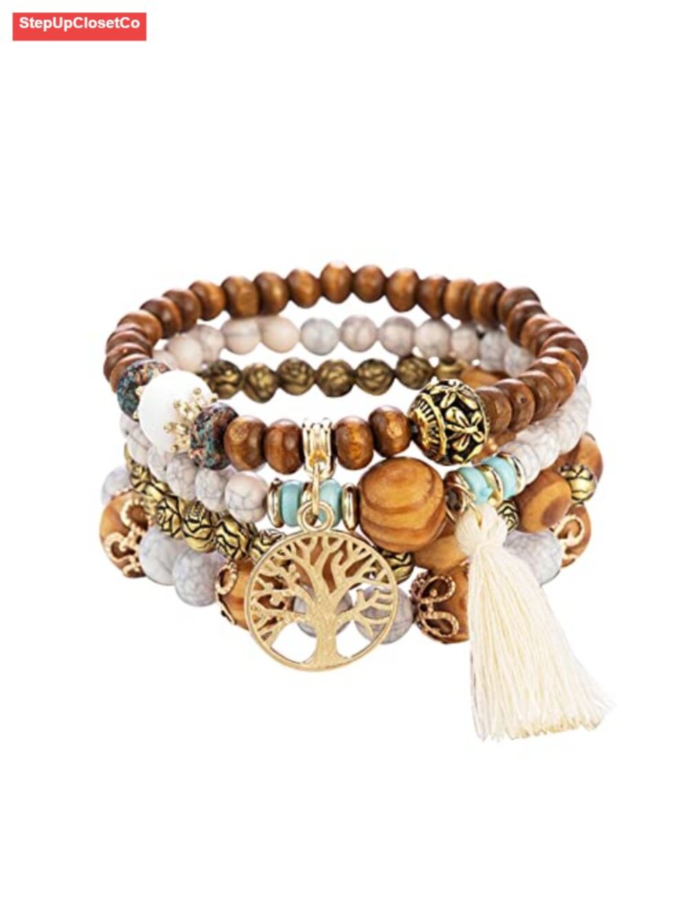 Bohemian Wood Beaded Stretch Bracelet Set Multilayer Tassel Jewelry